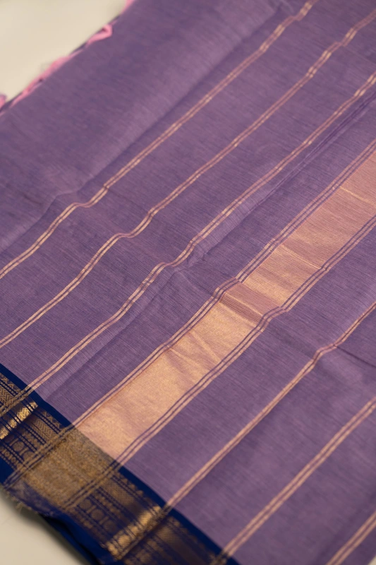 Kanchi Cotton plain body - Lavender Cotton Saree with Royal Blue Antique Gold Zari Border