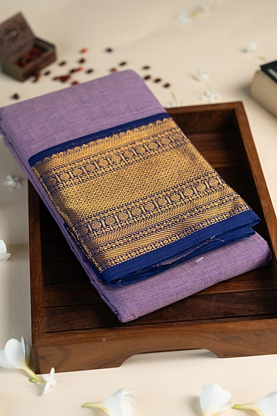 Kanchi Cotton plain body - Lavender Cotton Saree with Royal Blue Antique Gold Zari Border