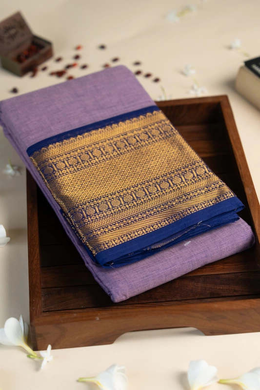 Kanchi Cotton plain body - Lavender Cotton Saree with Royal Blue Antique Gold Zari Border