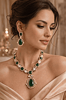 Green onyx and white Kundan Necklace Set with Matching Earrings