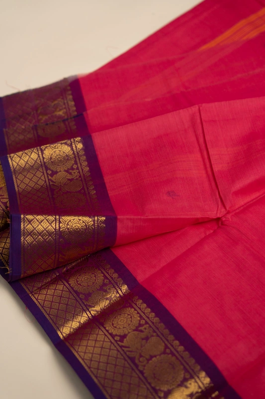 Kanchi Cotton body butta - Rani Pink Cotton Saree with Royal Purple Peacock Zari Border