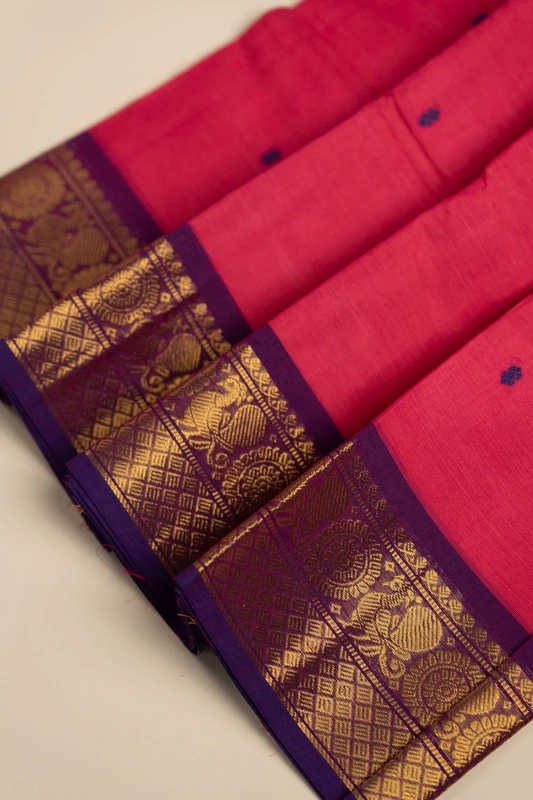 Kanchi Cotton body butta - Rani Pink Cotton Saree with Royal Purple Peacock Zari Border