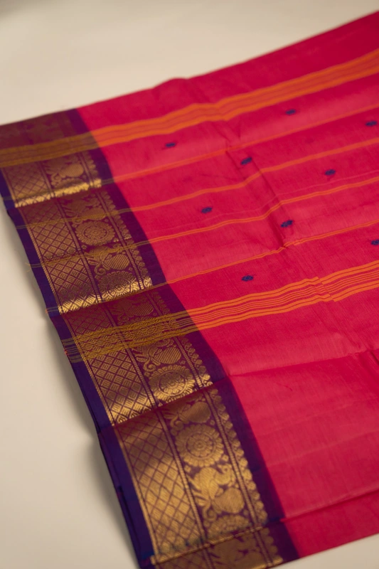 Kanchi Cotton body butta - Rani Pink Cotton Saree with Royal Purple Peacock Zari Border
