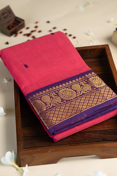 Kanchi Cotton body butta - Rani Pink Cotton Saree with Royal Purple Peacock Zari Border