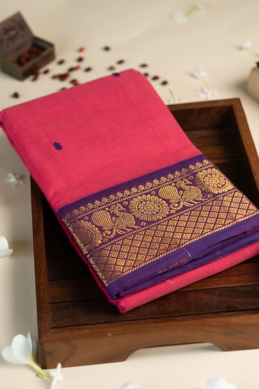 Kanchi Cotton body butta - Rani Pink Cotton Saree with Royal Purple Peacock Zari Border