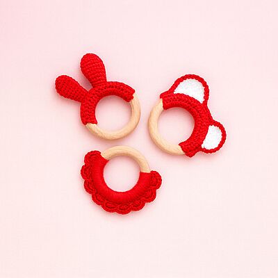 Red Wonder Combo- Set of 3 Crochet Wooden Teethers Red Wonder Combo- Set of 3 Crochet Wooden Teethers