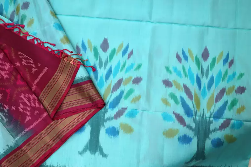 Sky Blue Ikat Silk Saree with Tree Motifs & Contrast Maroon Border & Ikat blouse| Handloom Saree
