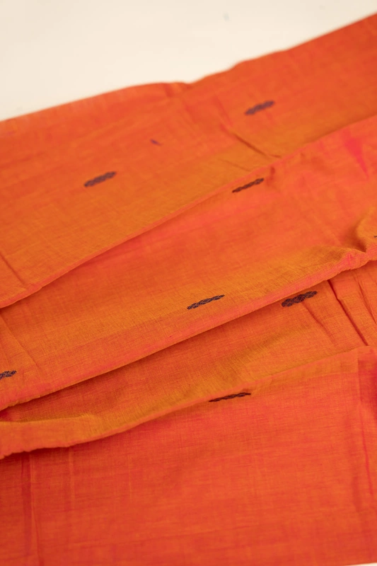 Kanchi Cotton body butta - Coral Orange Cotton Saree with Parrot Green Antique Gold Zari Bord