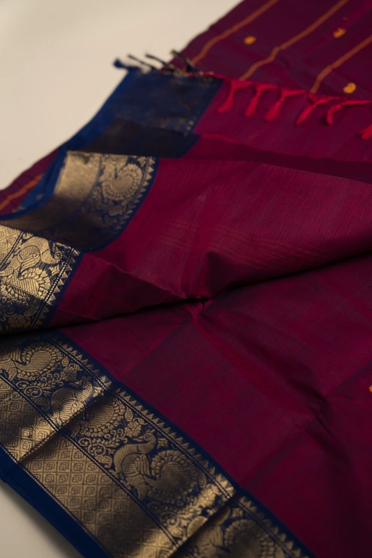 Kanchi Cotton body butta - Wine Purple Cotton Saree with Royal Blue Peacock Zari Border