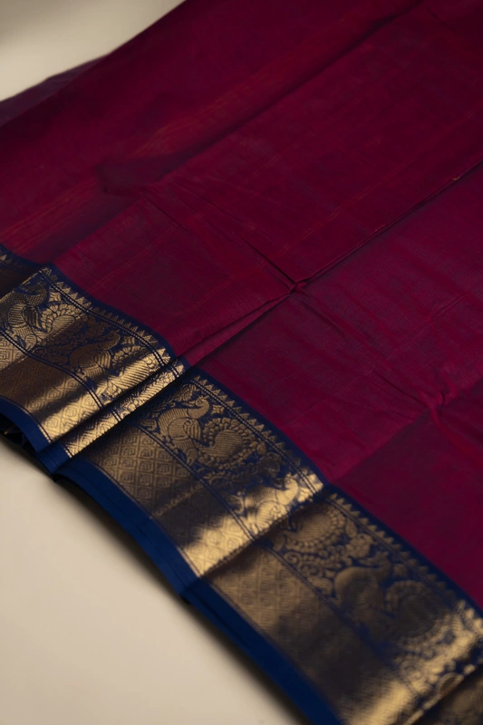 Kanchi Cotton body butta - Wine Purple Cotton Saree with Royal Blue Peacock Zari Border