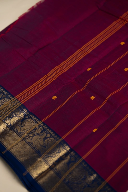 Kanchi Cotton body butta - Wine Purple Cotton Saree with Royal Blue Peacock Zari Border