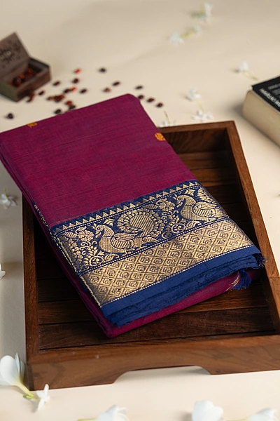 Kanchi Cotton body butta - Wine Purple Cotton Saree with Royal Blue Peacock Zari Border