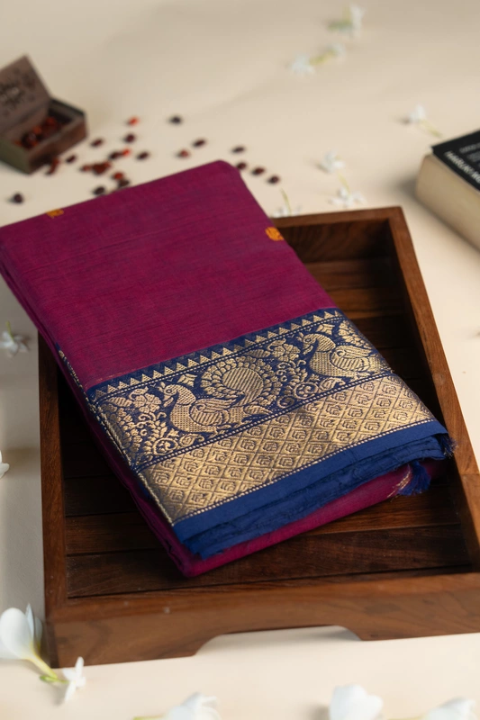 Kanchi Cotton body butta - Wine Purple Cotton Saree with Royal Blue Peacock Zari Border