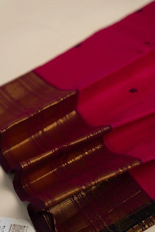 Kanchi Cotton body butta - Rani Pink Cotton Saree with Wine Purple Antique Gold Zari Border