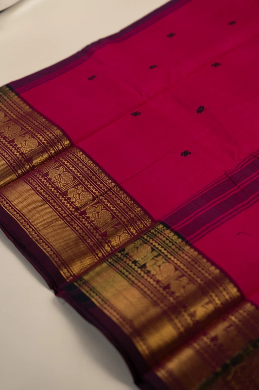 Kanchi Cotton body butta - Rani Pink Cotton Saree with Wine Purple Antique Gold Zari Border