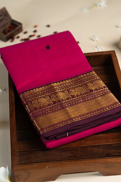 Kanchi Cotton body butta - Rani Pink Cotton Saree with Wine Purple Antique Gold Zari Border