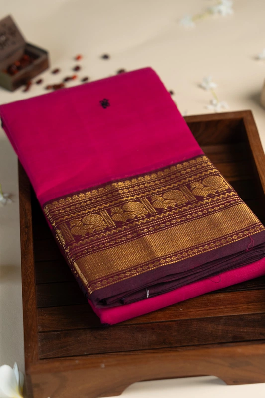 Kanchi Cotton body butta - Rani Pink Cotton Saree with Wine Purple Antique Gold Zari Border