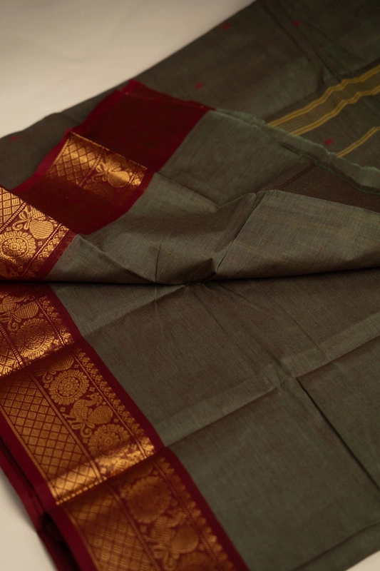 Kanchi Cotton body butta - Olive Grey Cotton Saree with Maroon Peacock Zari Border