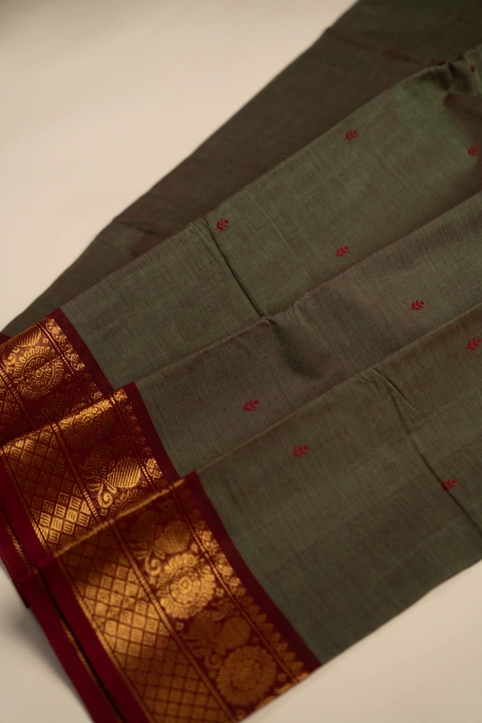 Kanchi Cotton body butta - Olive Grey Cotton Saree with Maroon Peacock Zari Border