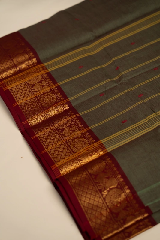 Kanchi Cotton body butta - Olive Grey Cotton Saree with Maroon Peacock Zari Border