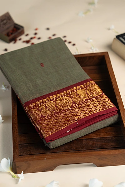 Kanchi Cotton body butta - Olive Grey Cotton Saree with Maroon Peacock Zari Border