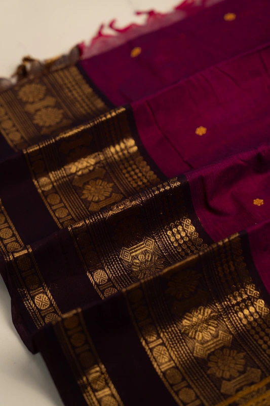 Kanchi Cotton body butta - Magenta Cotton Saree with Deep Coffee Brown Floral Zari Border