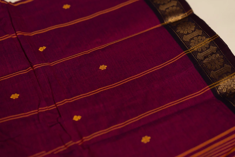 Kanchi Cotton body butta - Magenta Cotton Saree with Deep Coffee Brown Floral Zari Border