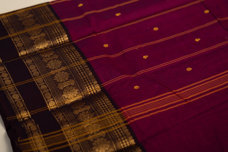 Kanchi Cotton body butta - Magenta Cotton Saree with Deep Coffee Brown Floral Zari Border