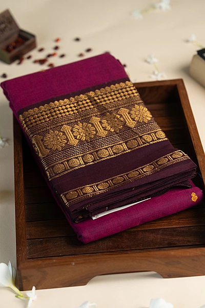 Kanchi Cotton body butta - Magenta Cotton Saree with Deep Coffee Brown Floral Zari Border