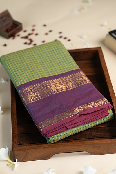 Kanchi Cotton body checks - Olive Green Checked Cotton Saree with Plum Purple Contrast Border