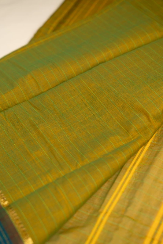 Kanchi Cotton body checks - Olive Green Checked Cotton Saree with Parrot Green Contrast Border