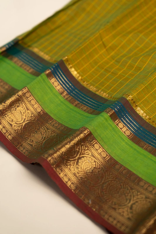 Kanchi Cotton body checks - Olive Green Checked Cotton Saree with Parrot Green Contrast Border