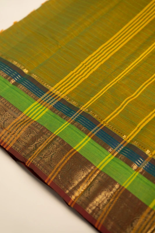 Kanchi Cotton body checks - Olive Green Checked Cotton Saree with Parrot Green Contrast Border