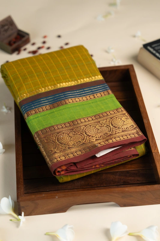 Kanchi Cotton body checks - Olive Green Checked Cotton Saree with Parrot Green Contrast Border