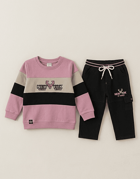 LittleToons Baby Boys Cotton Fleece Sweatshirt & Jogger Set | NewYork Embroidered Top with Black Cargo Joggers | Clothing Set for Boys