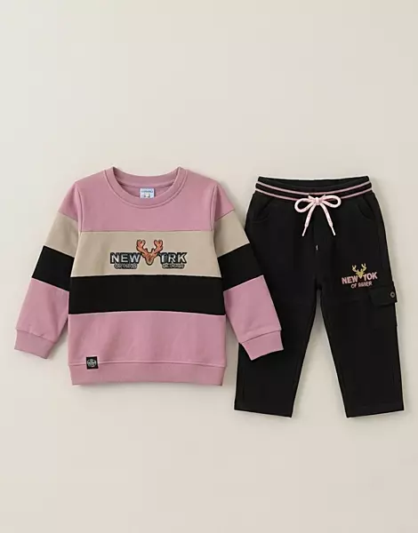 LittleToons Baby Boys Cotton Fleece Sweatshirt & Jogger Set | NewYork Embroidered Top with Black Cargo Joggers | Clothing Set for Boys