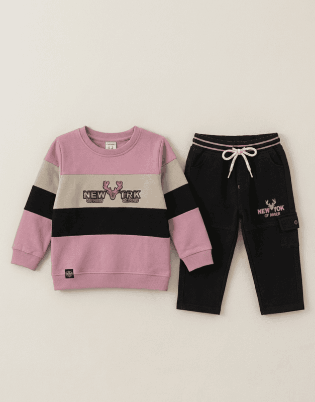 LittleToons Baby Boys Cotton Fleece Sweatshirt & Jogger Set | NewYork Embroidered Top with Black Cargo Joggers | Clothing Set for Boys