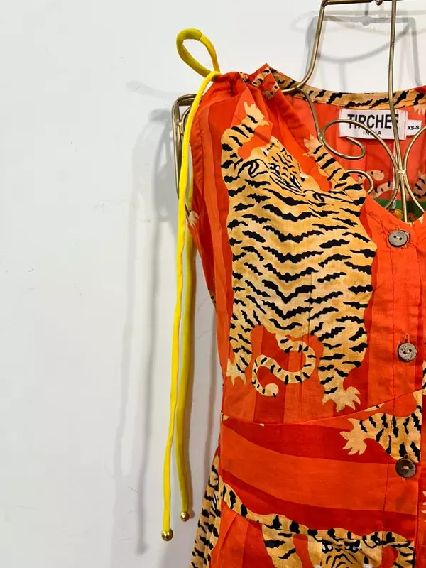 Leher's Sleeve-Less Fit & Flare Dress - Orange stripes & Tigers