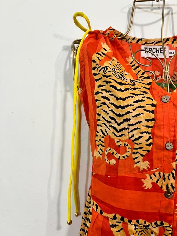 Leher's Sleeve-Less Fit & Flare Dress - Orange stripes & Tigers