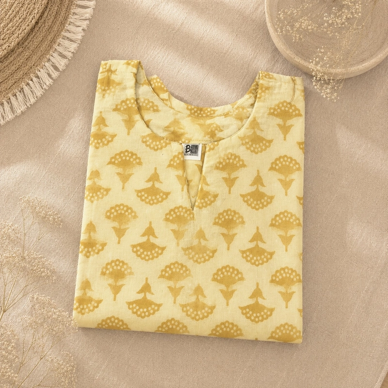 Yellow Dabu Block Printed Short Kurti