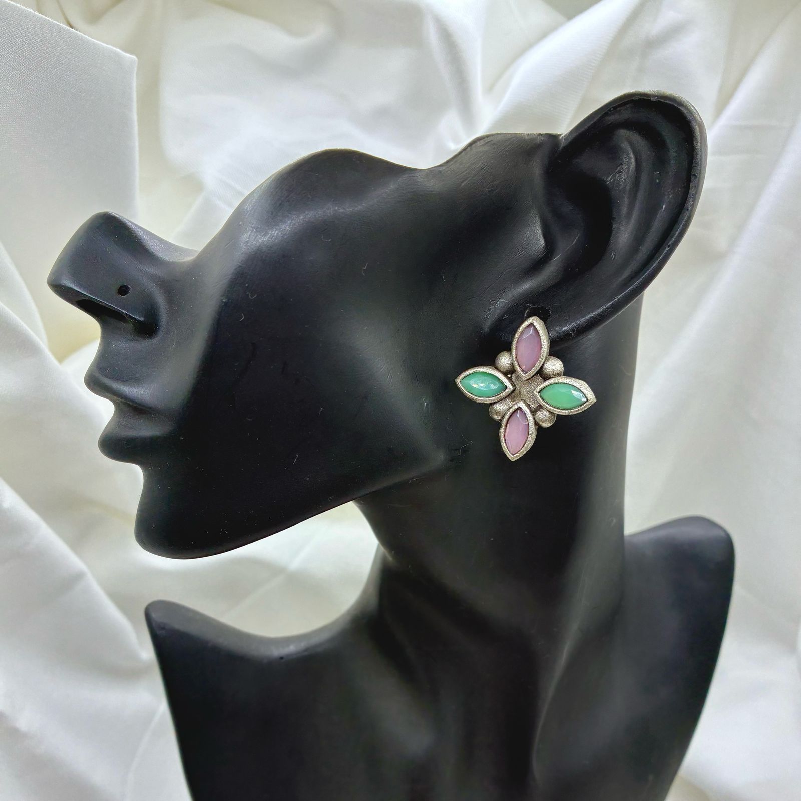 Silver plated Brass Earrings (Cyan/Baby Pink) #5