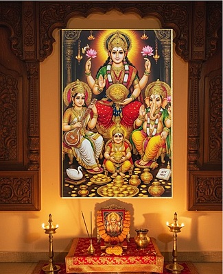 Premium Laxmi Ganesh Photo Frame with Golden Patti | High Gloss Religious Wall Art | MDF Wood Back | Ideal for Diwali Puja, Home & Office Decor
