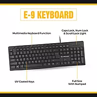 Lapcare E9 keyboard: 117 spill‑resistant soft keys, 13 hotkeys, UV‑coated legends, ergonomic layout & 5 M keystroke lifespan—ideal for daily use.