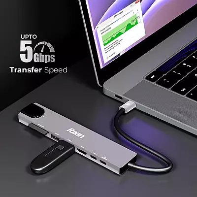 TYPE-C HUB FOXIN 8 IN 1 C-HUB 8 (RJ45+SD+TF+USB 2.0+USB 3.0+HDMI+TYPE-C+PD 100W)