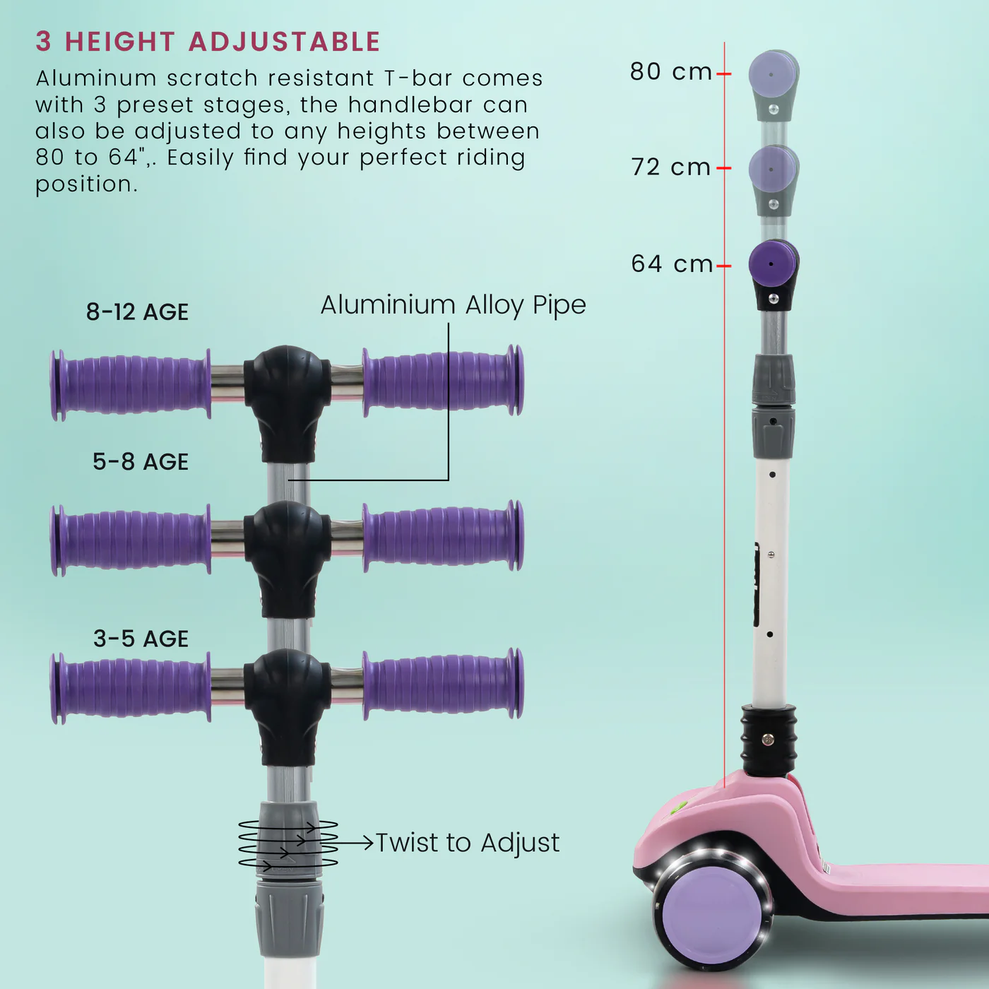 Baybee Phantom Skate Scooter for Kids, Foaldble 3 Wheel Kids Scooter with 3 Height Adjustable- Pink