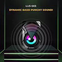 Lapcare LUS‑003: 6 W (3 W × 2) USB‑powered gaming speakers with 360° stereo sound, 7‑color LED lights, AUX input, inline volume control, 150 Hz‑20 kHz freq. range. warranty.