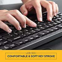 Lapcare Alfa‑1 LKB‑300 keyboard: 104‑key layout plus 15 hotkeys, USB plug‑and‑play, adjustable kickstand & 10 million keystroke lifespan.