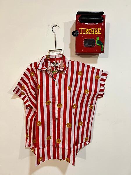 Ishq's Small Anti-fit with Back Open & Tie - Red & White Stripes with Flowers