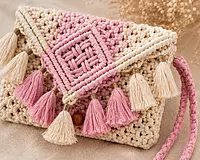 Blush Pink & Ivory Macrame Clutch Bag with Multi-Tassel Fringe