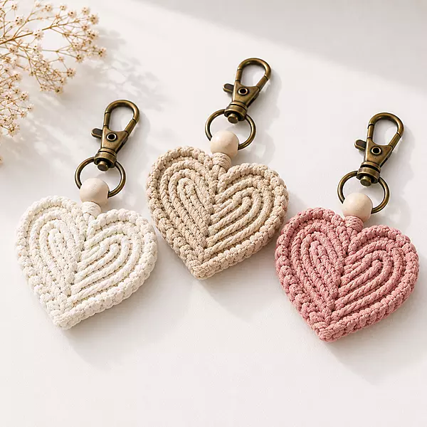 Macrame Heart Keychain — Ivory, Beige & Blush Pink (Set of 3)